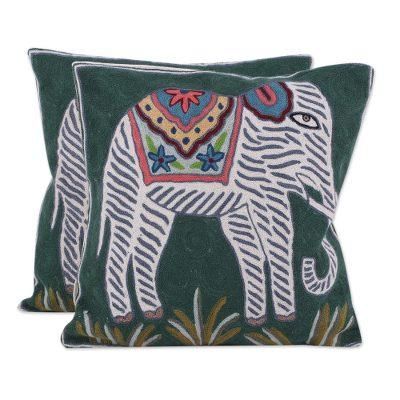 Floral Elephants,'Pair of Embroidered Green and White Elephant Cushion Covers'