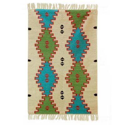 Diamond Tracks,'Indian Handwoven Rectangle Blue Green Brown Wool Rug (4x6)'