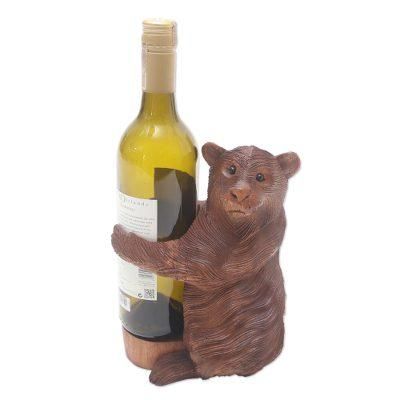 Polar Bear Hug,'Handmade Suar Wood Polar Bear Wine Holder'