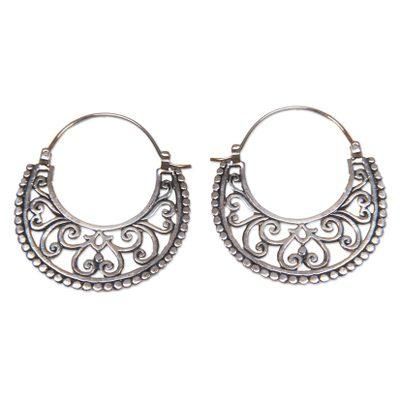 Balinese Style Sterling Silver Crescent Hoop Earrings 'Moonlit Garden'