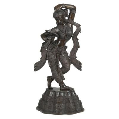 Lady with Mirror,'Antiqued Finished Brass Sculpture of a Woman Dancing'
