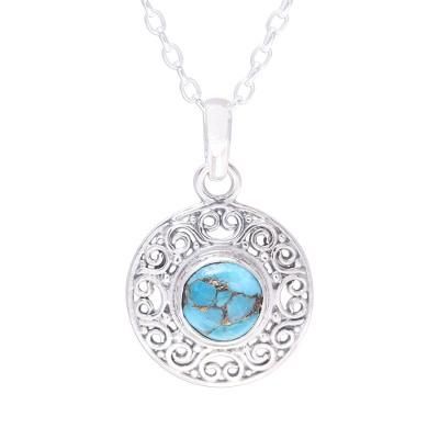 Elegant Sea,'Composite Turquoise Sterling Silver Round Pendant Necklace'