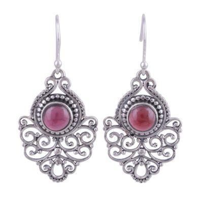 Shalimar Fountain,'Ornate Sterling Silver and Garnet Dangle Earrings'