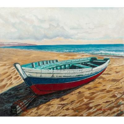 Boat III,'Oil on Canvas Realistic Seascapes Painting of Boat from Peru'