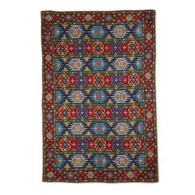 Wool chain stitch rug, 'Blue Tile Palace' (4x6)