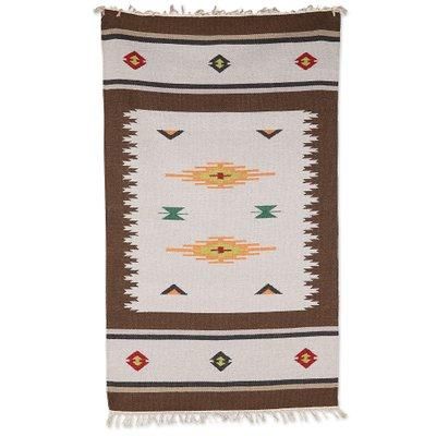 Geometric Ceremony,'Handloomed Brown Wool Area Rug with Geometric Pattern (3x5)'