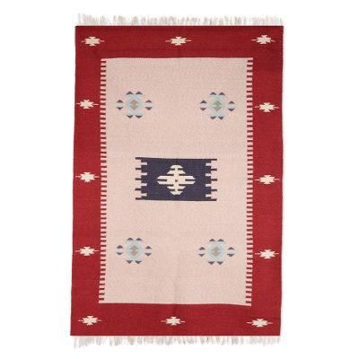 Khaki Geometry,'Crimson and Khaki Geometric Wool Area Rug from India (4x5.5)'
