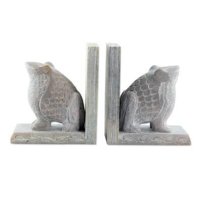 Soapstone bookends, 'Happy Hoppy Frog' (pair)
