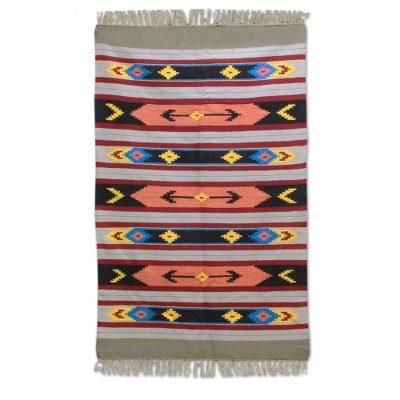 Colorful Bliss,'Indian Multicolored Striped Geometric Wool Area Rug (4x6)'