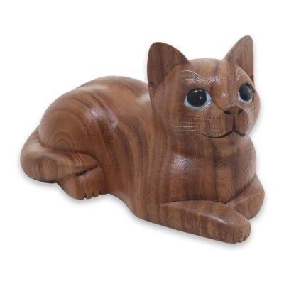 Wood sculpture, 'Short Haired Cat'