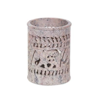 Helping Elephant,'Handcrafted Soapstone Pencil Holder with Elephant Motifs'