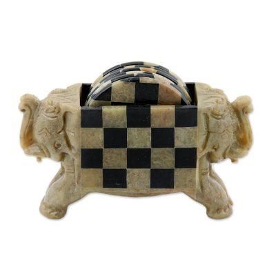 'Elephant Checkers' (set of 6) - Hand Crafted Soapstone Coasters and Holder