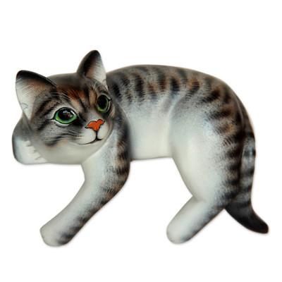 Wood sculpture, 'Tabby Cat Relaxes'