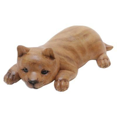 Lazy Kitten,'Wood Figurine of Resting Kitten Hand-Carved in Bali'