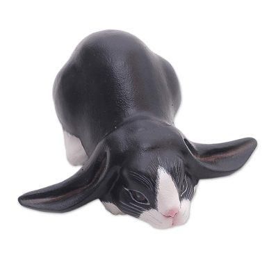 'Balinese Signed Black & White Lop-Eared Rabbit Sculpture'