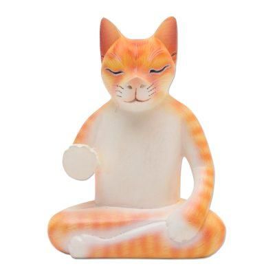 Yellow Cat Meditates,'Hand Carved Wood Sculpture of Meditating Cat'