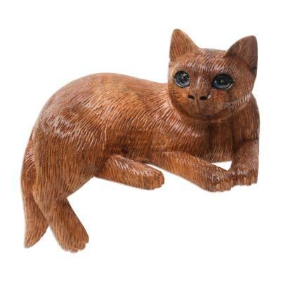 Outdoor Cat,'Artisan Made Suar Wood Cat Statuette'