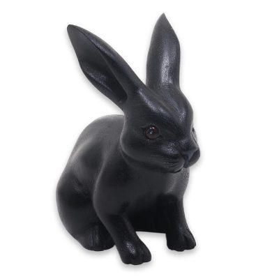 Wood sculpture, 'Cute Black Rabbit'
