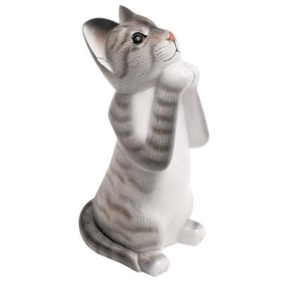 Grey Wishing Cat,'Painted Suar Wood Sculpture of a Wishful Grey Cat from Bali'