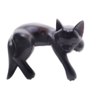'Balinese Signed Hand-Carved Sleeping Black Cat Sculpture'