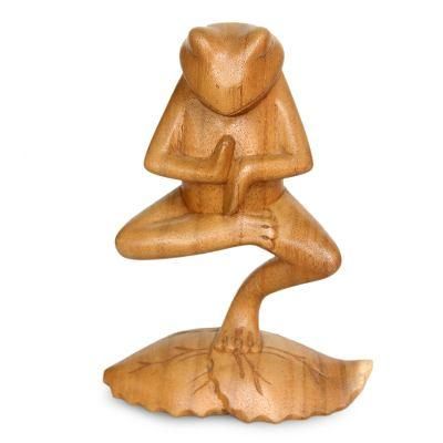 Wood sculpture, 'Yoga Tree Pose Frog'