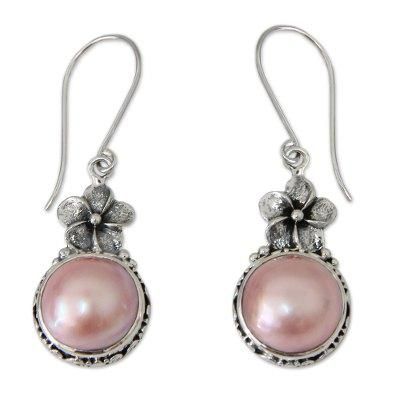 'Pink Frangipani' - Sterling Silver and Pearl Floral Dangle Earrings