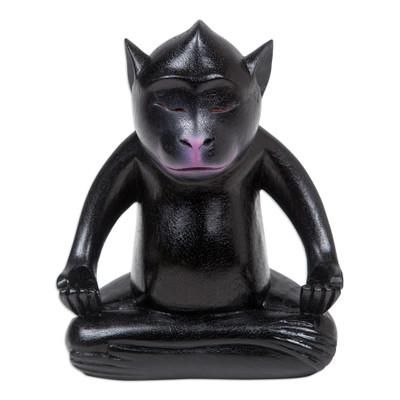 Joyous Master at Night,'Handmade Black Suar Wood Monkey Statuette from Bali'