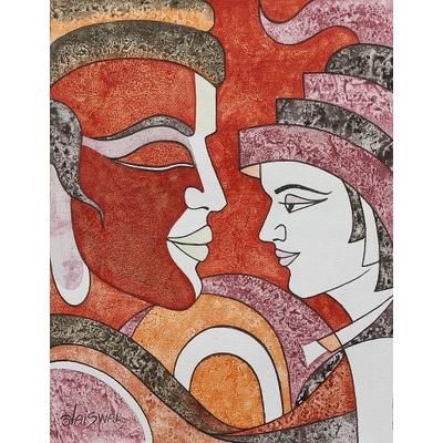 Father and Son,'Cubist Painting of a Father and Son from India'