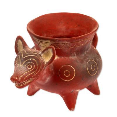 Colima Hound,'Hand Crafted Reddish Colima Dog Ceramic Pot from Mexico'