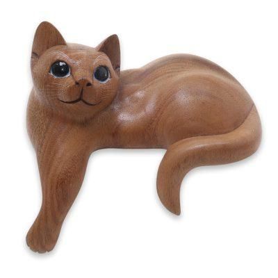 Wood sculpture, 'Watchful Ginger Cat'