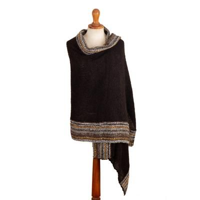 Elegant Stripes,'Knit Baby Alpaca Blend Shawl in Black Honey & Grey from Peru'