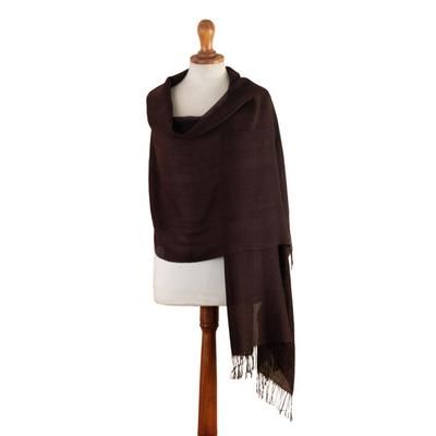 'Burgundy Baby Alpaca Blend Fringed Shawl Hand-Woven in Peru'