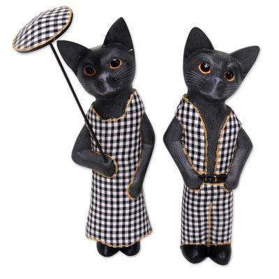 Bali Cat Couple in Dark Grey,'Hand Made Wood Cat Sculptures Dark Grey (Pair) Indonesia'