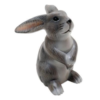 Adorable Rabbit in Grey,'Hand Carved Grey Rabbit Statuette'