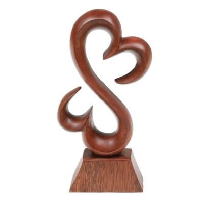 'Abstract Heart-Shaped Suar Wood Sculpture in a Brown Hue'