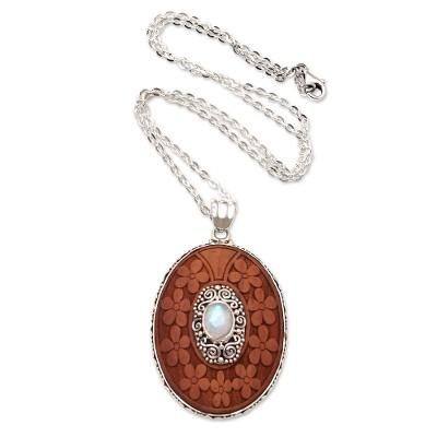 Portrait of a Lady,'Rainbow Moonstone Pendant Necklace with Floral Motif'