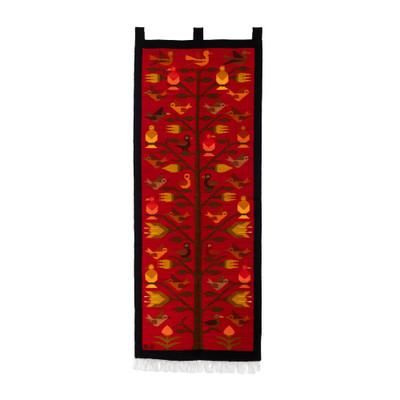 'Hand-Woven Wool Wall Tapestry with Bird Floral & Tree Motifs'