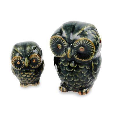 Celadon ceramic figurines, 'Little Green Owls' (pair)
