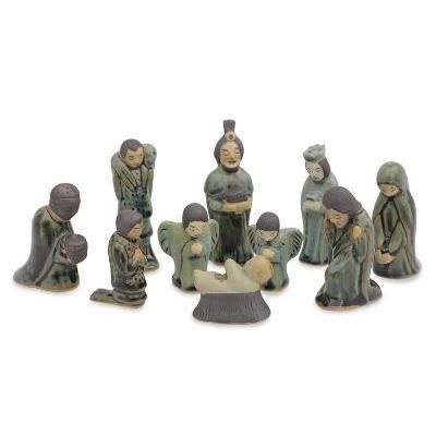 Celadon ceramic nativity scene, 'Iridescent Holy Birth' (10 pieces)