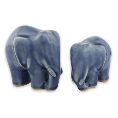Celadon ceramic figurines, 'Elephant Bond in Dark Blue' (pair)