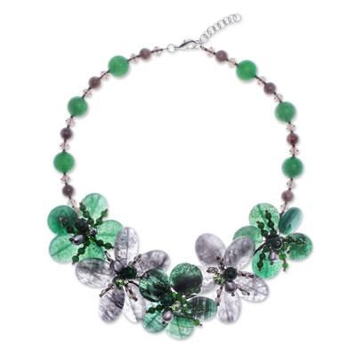 Nature Spring,'Floral Quartz and Cultured Pearl Statement Necklace in Green'
