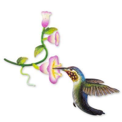 Steel wall art, 'Hummingbird and Hollyhocks'