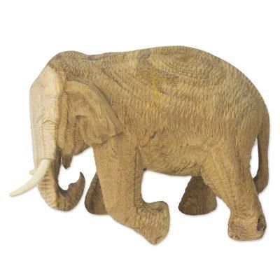 Blissful Elephant,'Handmade Rain Tree and Ivory Wood Elephant Statuette'