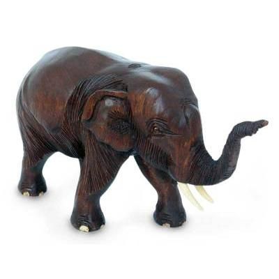 Wood sculpture, 'Friendly Thai Elephant' - Hand Carved Wood Sculpture