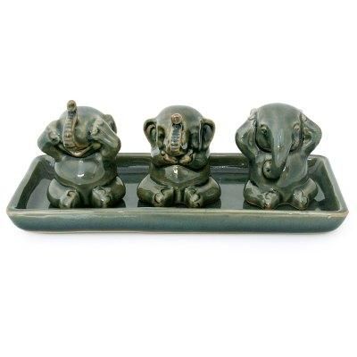 'Elephant Lessons' (set of 3) - Unique Celadon Ceramic Figurines