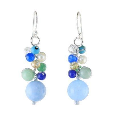 Happy Bunch,'Blue Quartz Multi-Gemstone Dangle Earrings from Thailand'