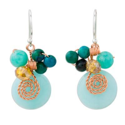 Moonlight Garden in Aqua,'Serpentine Quartz and Glass Bead Dangle Earrings with Copper'