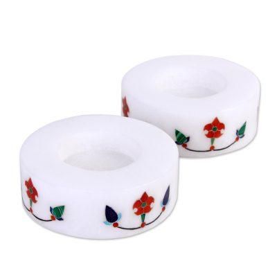 Floral Disc,'Pair of Marble Tealight Holders Handcrafted in India'