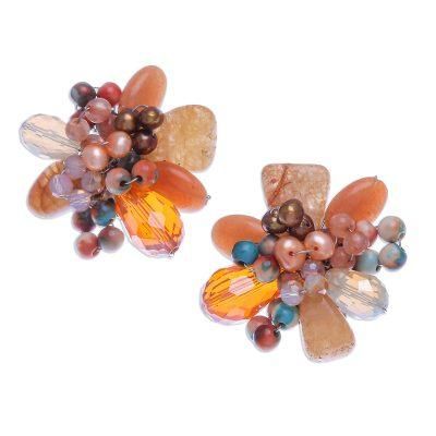 Solaris in Orange,'Quartz and Cultured Pearl Cluster Clip-On Earrings'