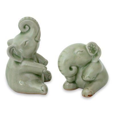 'Happy Green Elephants' (pair) - Hand Made Celadon Ceramic Sculptures